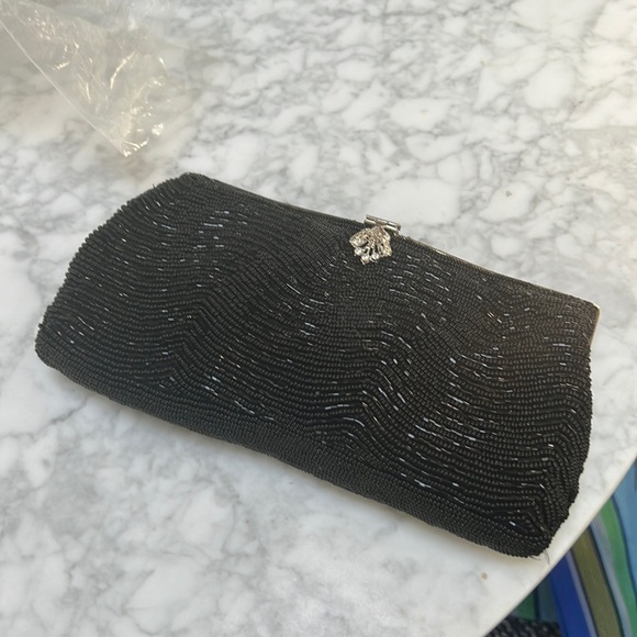 Aqua Black Beaded Evening Bag with Silver Hardware. - Picture 1 of 6